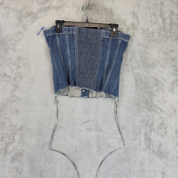 Zara Denim Corset Bustier Top Womens Large Blue Button Front Smocked Strapless - Picture 6 of 9